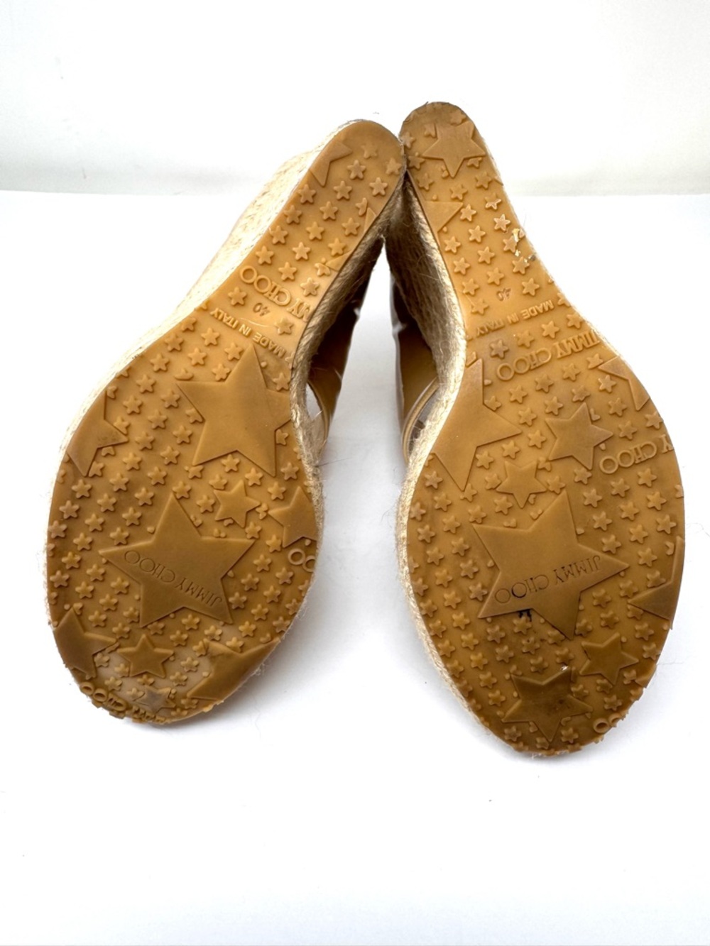 JIMMY CHOO beige patent leather raffia wedge sandals, Italy, size 40 - Picture 13 of 13